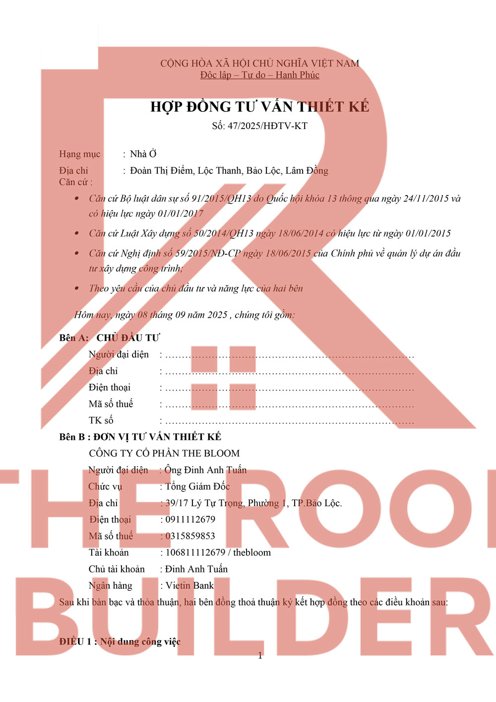 Hợp đồng tư vấn thiết kế xây dựng The Roof Builder trang 1