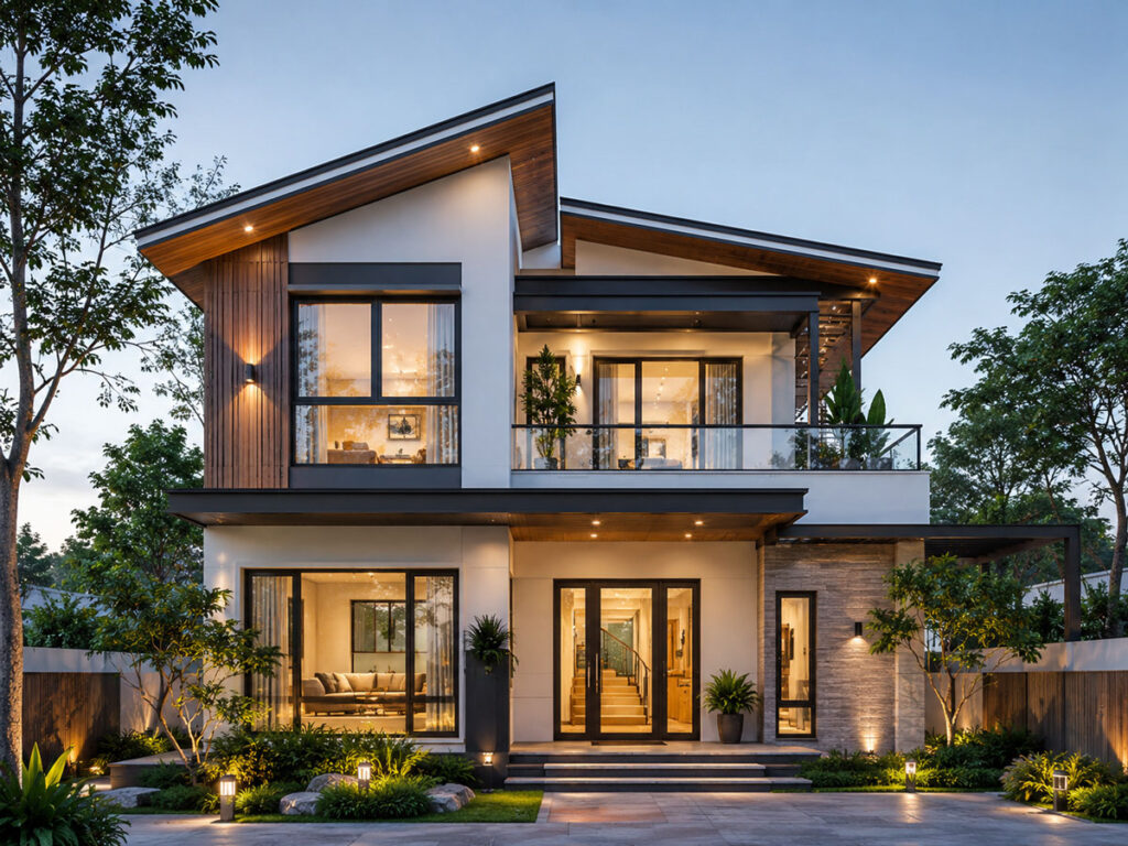 Nhà 2 tầng mái lệch còn giúp lấy sáng tốt hơn nếu được kết hợp cùng cửa kính hoặc khoảng thông tầng