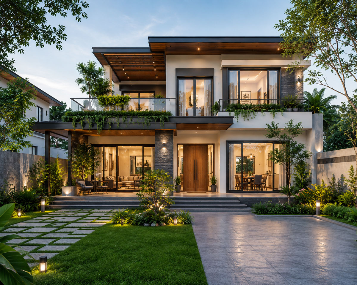 Mẫu nhà 2 tầng sân vườn hiện đại