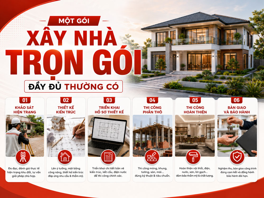 Xây nhà trọn gói đầy đủ thường đi bao gồm các hạng mục: Chuẩn bị hồ sơ, thi công phần thô và hoàn thiện ngôi nhà _ The Roof Builder